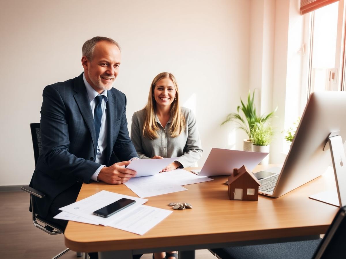 Property consultant discussing documents with clients in a bright office