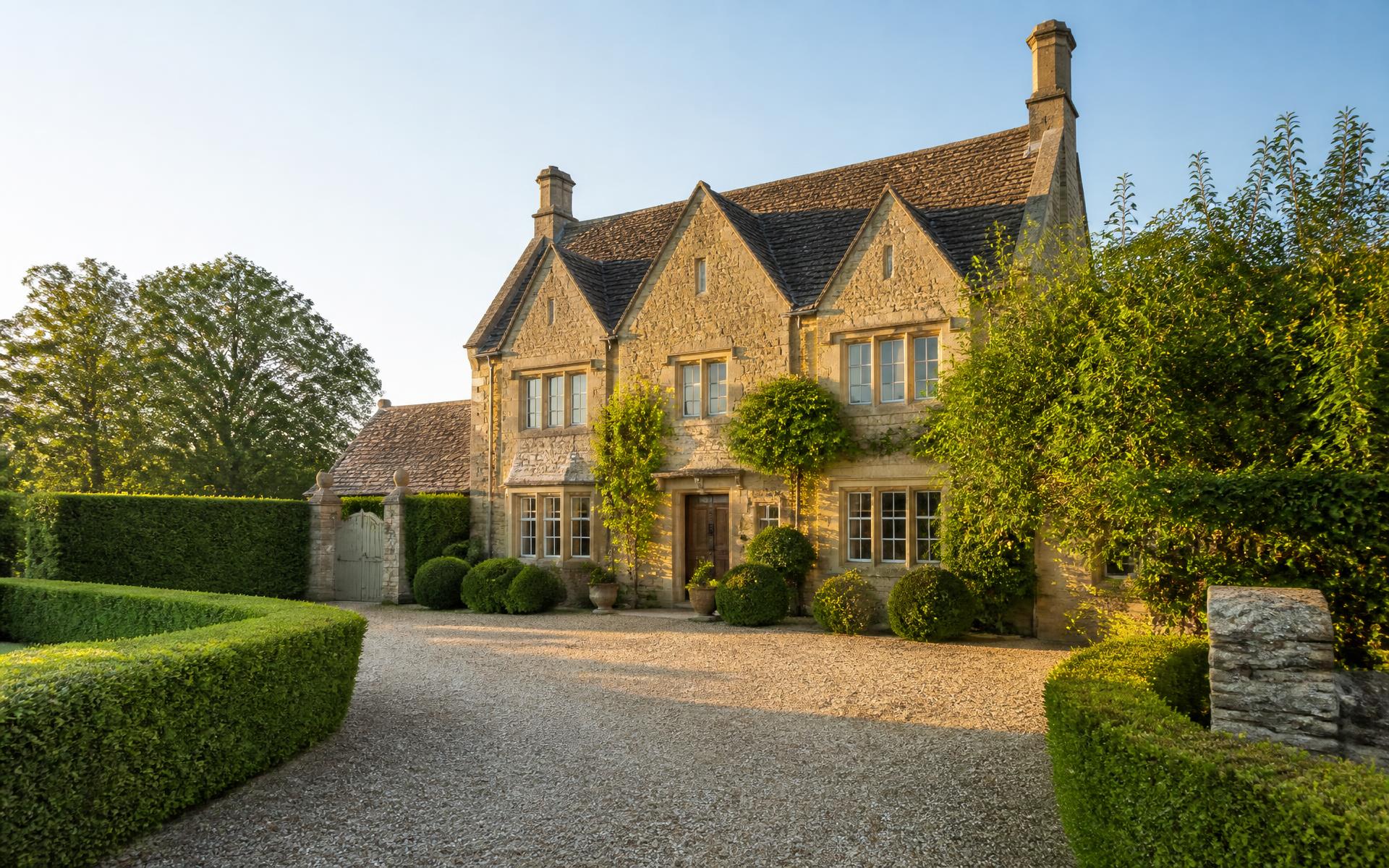 Cotswold stone country house with gravel driveway in the English countryside