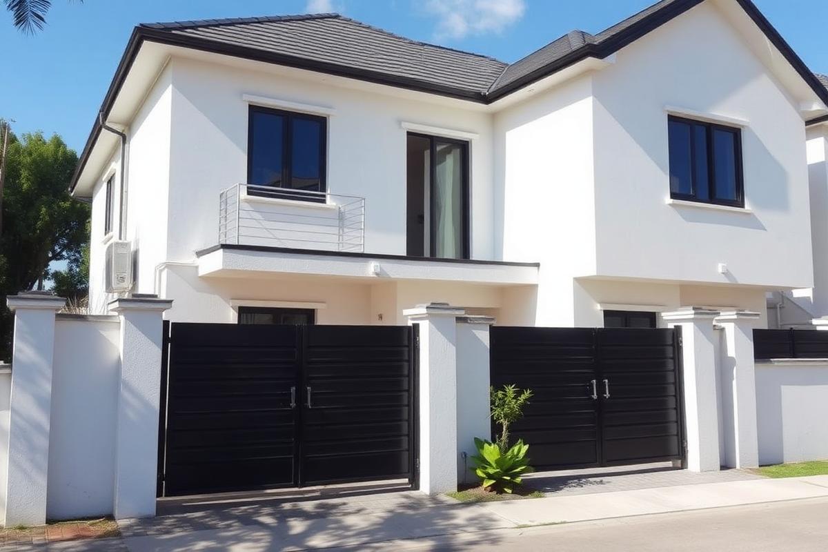 Modern white detached duplex with a black gate in a gated compound