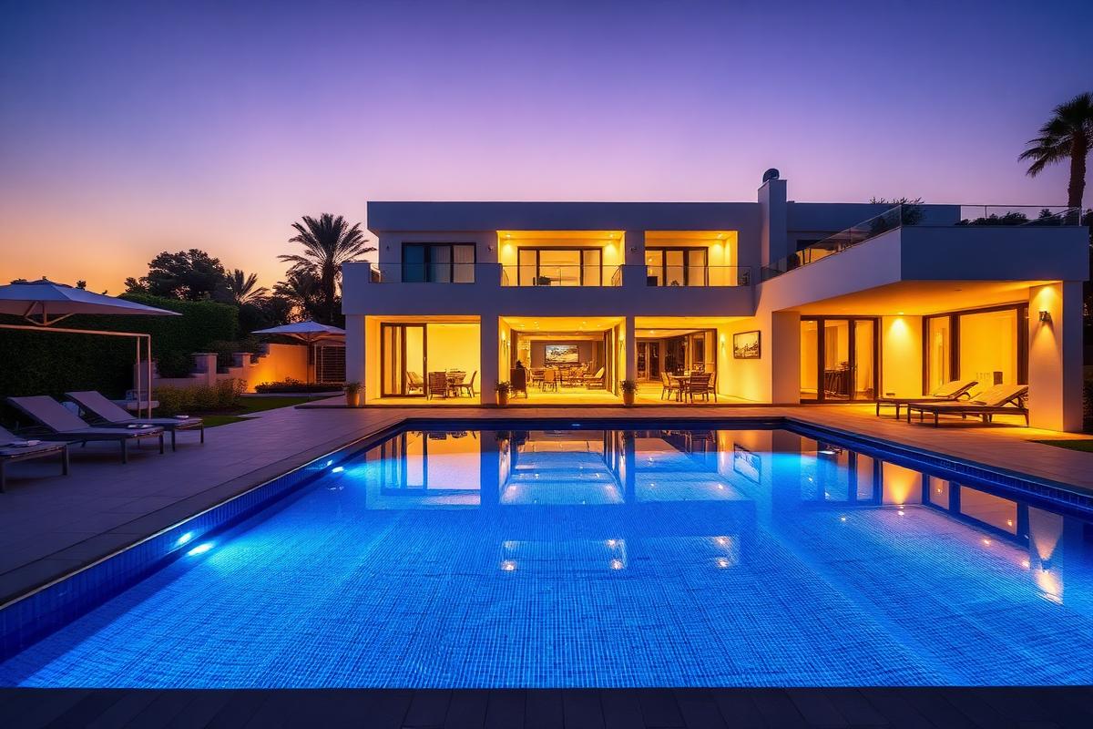 Luxury modern villa with lit swimming pool and terrace at dusk