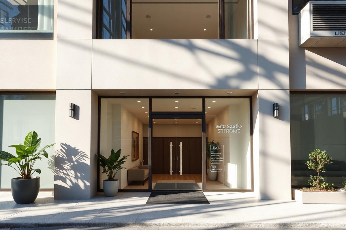 Clean modern apartment building entrance with glass doors and plants